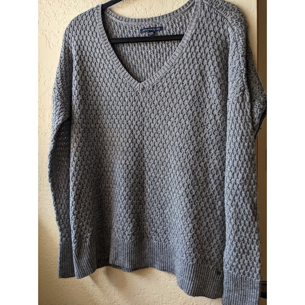 American Eagle Gray Textured V-Neck Waffle Knit Wool Blend Sweater L